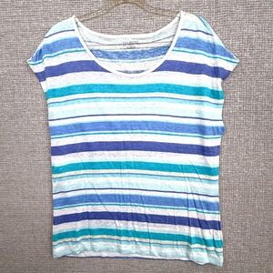 Talbots Women's‎ Striped Linen Top Blue Turquoise White Crew Neck Sz L Beach